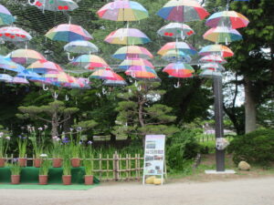 アンブレラスカイの展示。空中に浮かぶ様々な色合いの傘