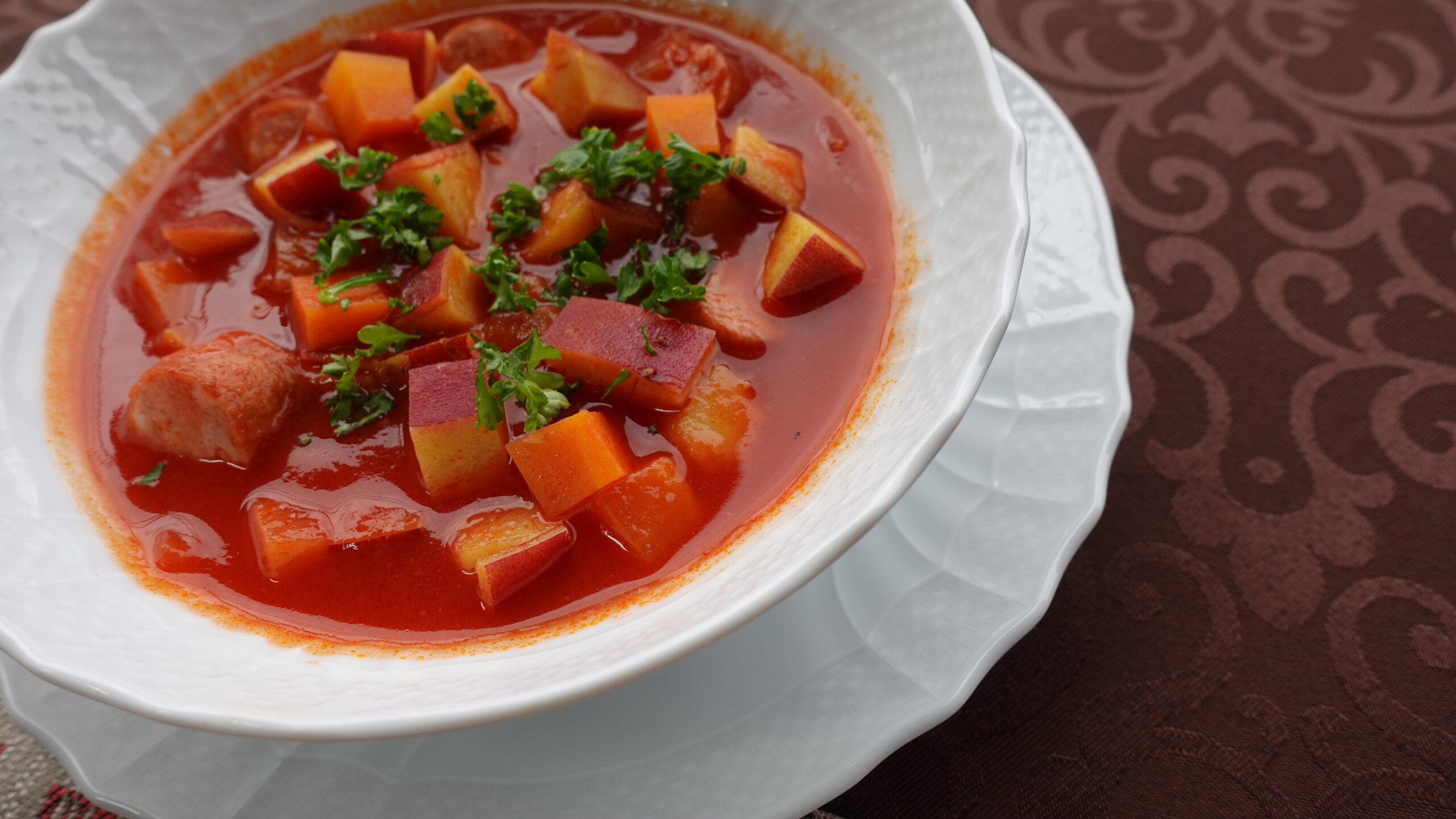 トマトジュースで作るミネストローネ風さつまいも入りスープ