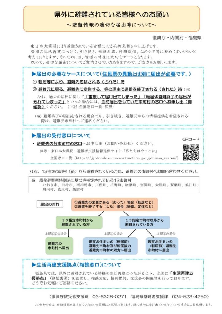 「全国避難者情報システム」等の適切な届出についてのお願い